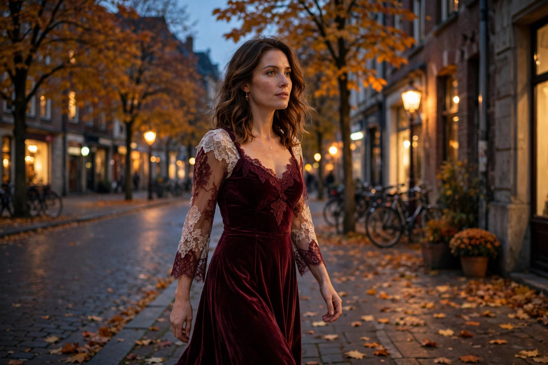 Photorealistic image of a woman wearing a burgundy velvet dress with lace details walking through autumn evening streets, wide horizontal 3:2 composition, no text or words in the image.