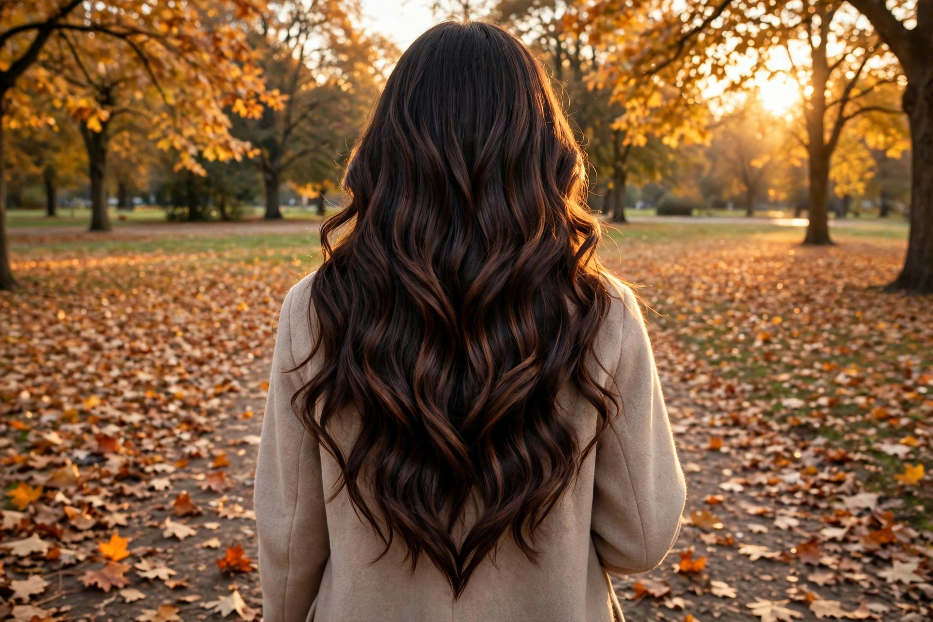Woman with long dark romantic wavy layered hair viewed from behind showing the layered V-shaped cut, walking through autumn leaves at golden hour, wide horizontal 3:2 composition, no text or words in the image