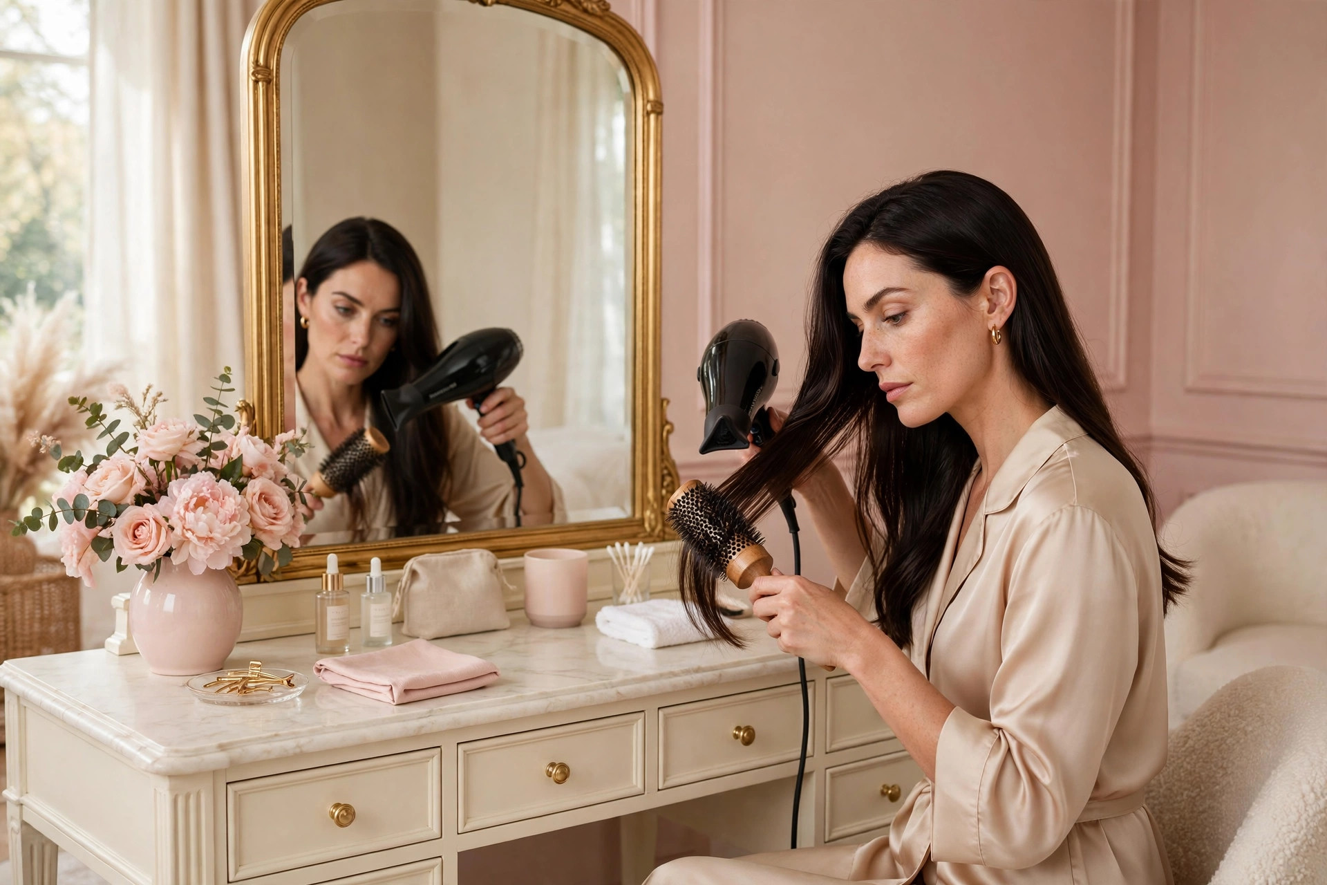Glossy brunette hair care routine with hydrating hair mask