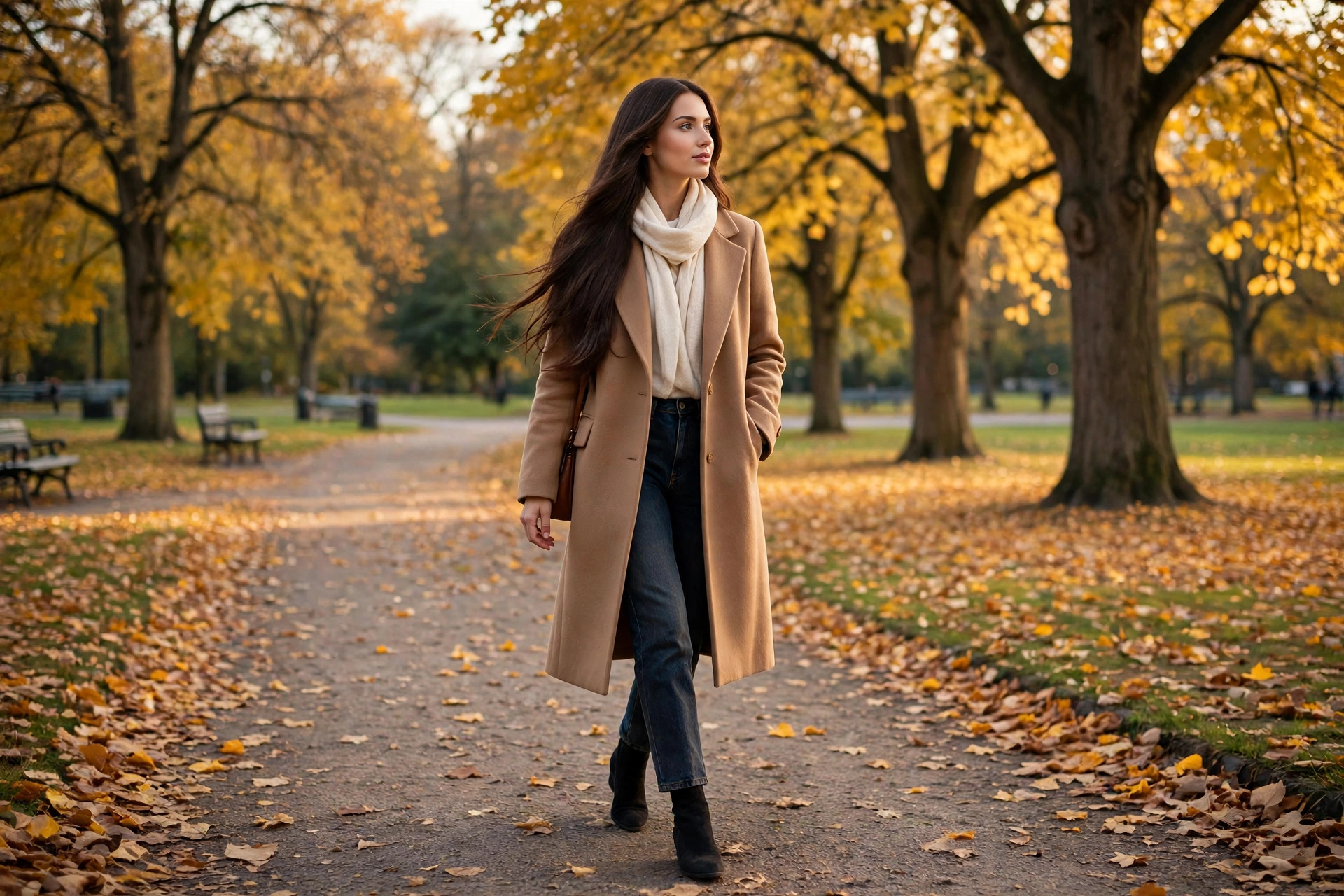 Velvet espresso hair styled in soft waves with autumn outfit