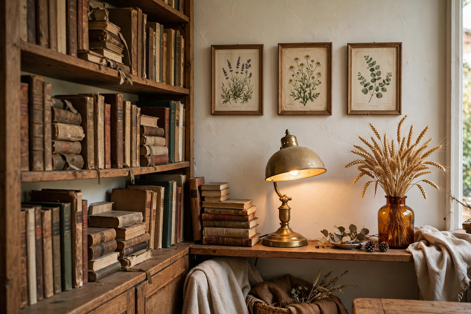 Photorealistic cosy bookshelf corner with aged books, brass lamp, dried wheat bouquet in amber glass vase and framed botanical prints, wide horizontal composition, no text or words in the image.