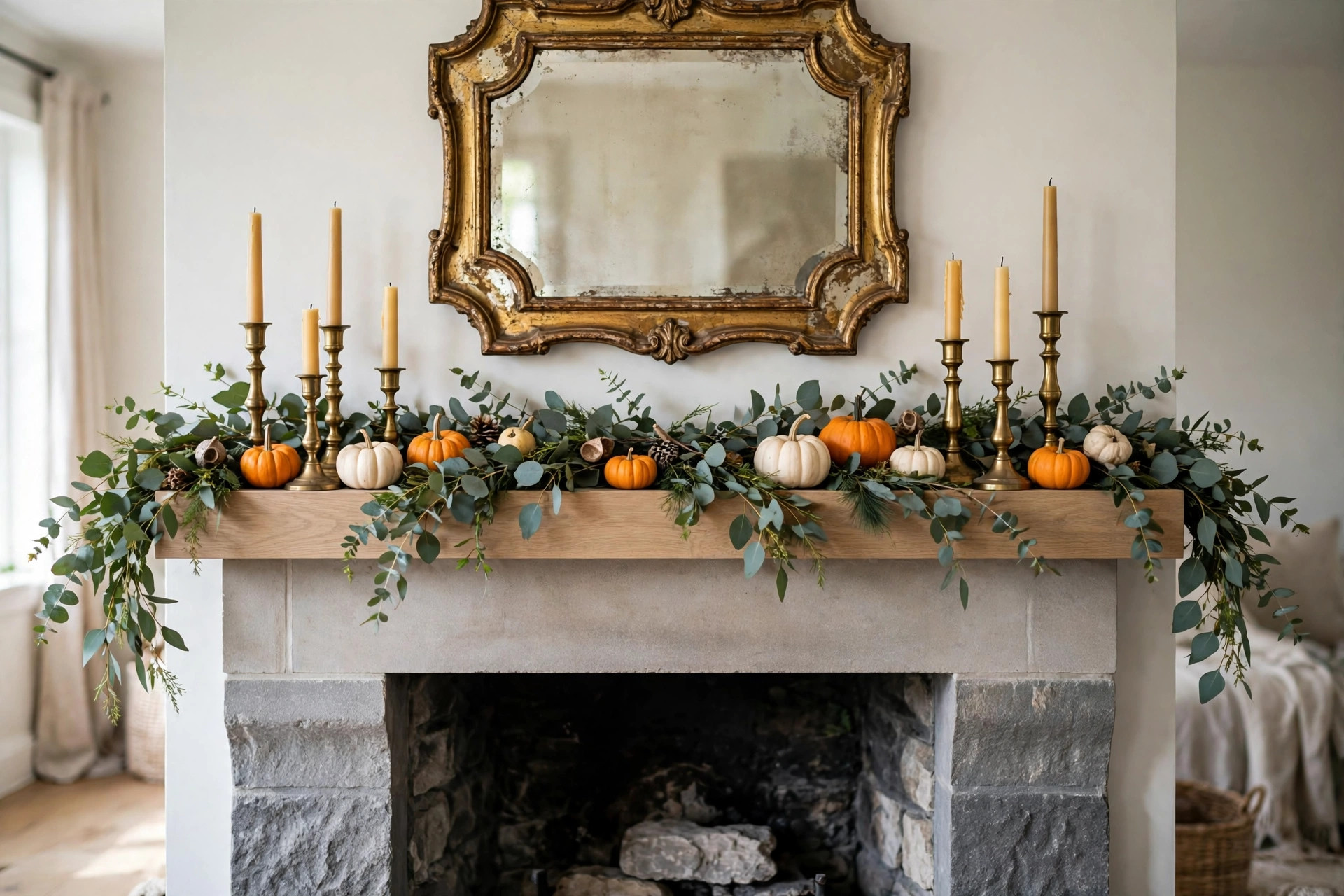Photorealistic fireplace mantel styled with brass candlesticks, small pumpkins, eucalyptus garland and antique mirror, wide horizontal composition, no text or words in the image.
