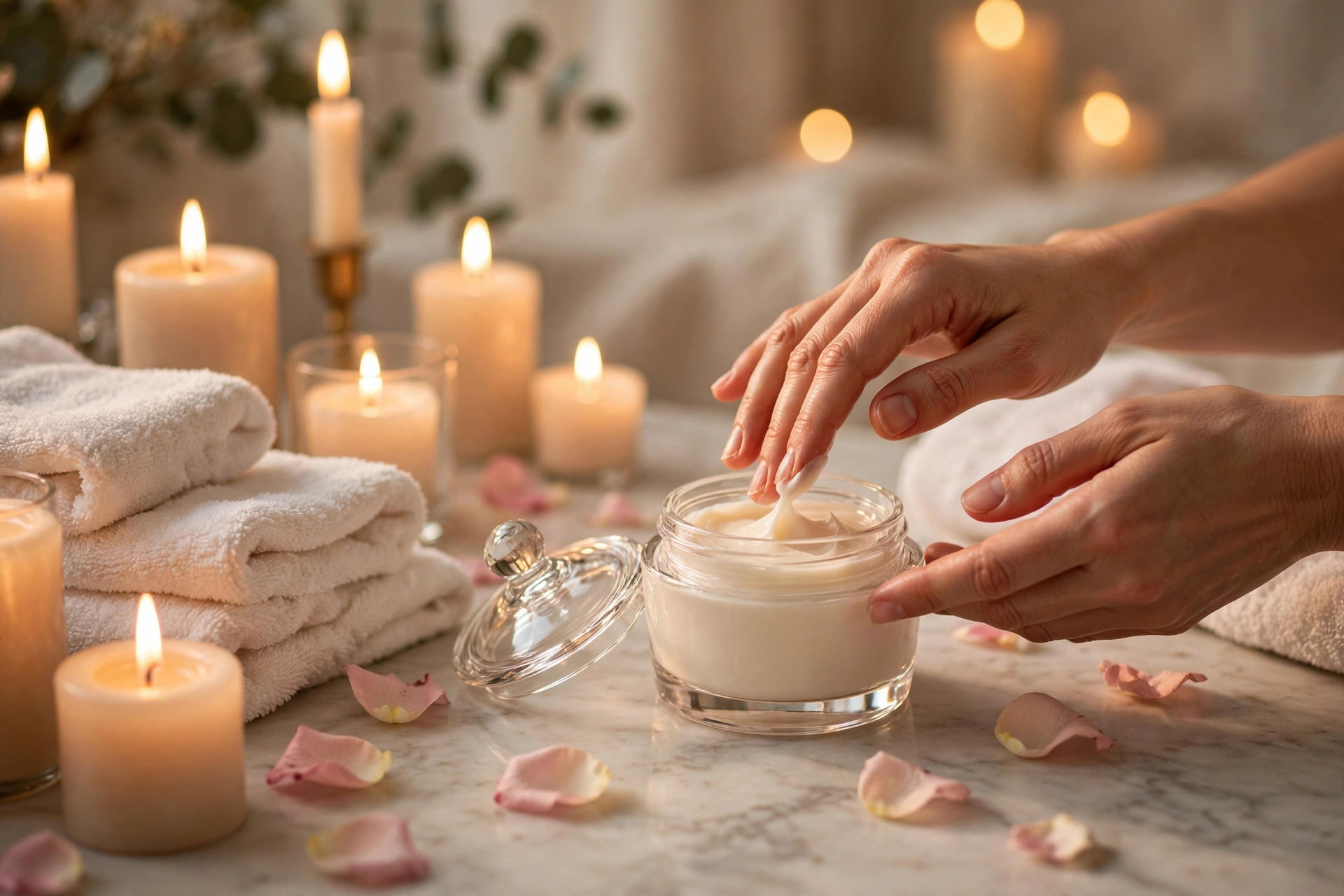 Candle-lit skincare ritual with moisturiser jar, glowing candles and rose petals on marble