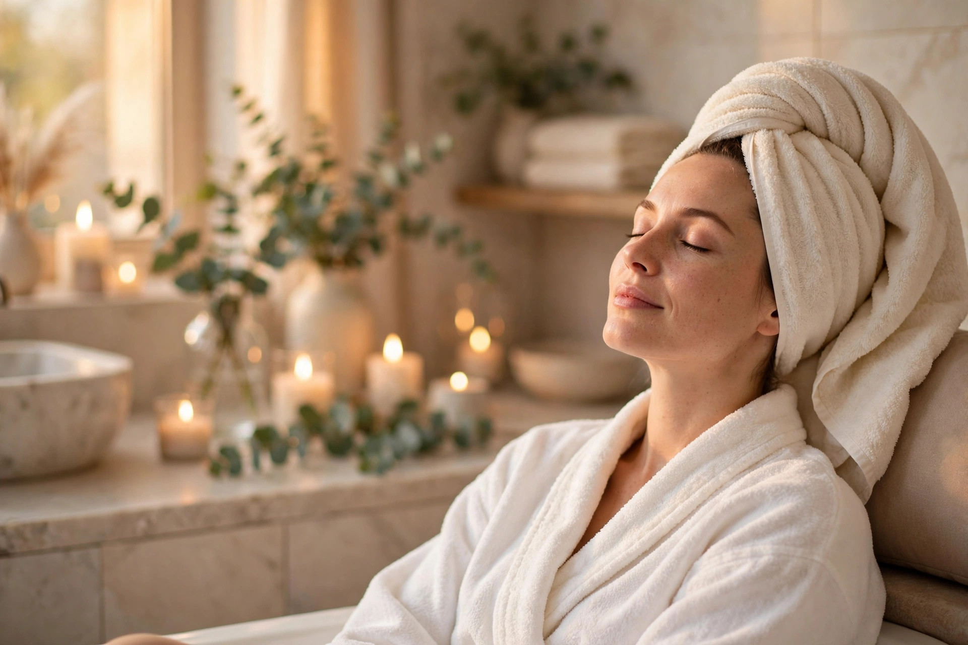 Woman with towel wrapped around hair relaxing peacefully in a white robe