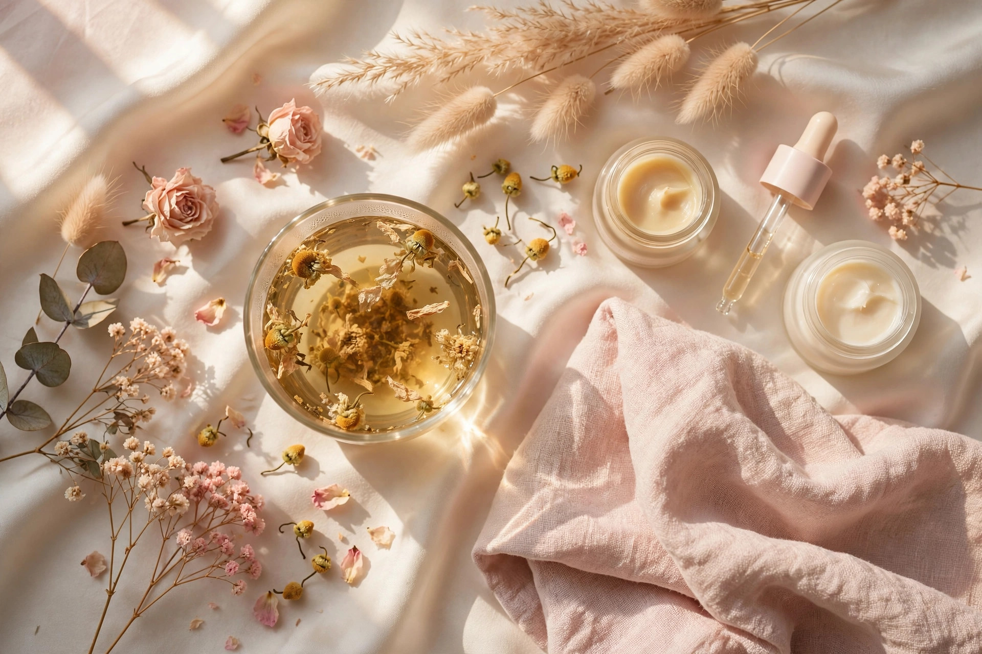 Herbal tea and skincare products flat lay on cream silk with dried flowers