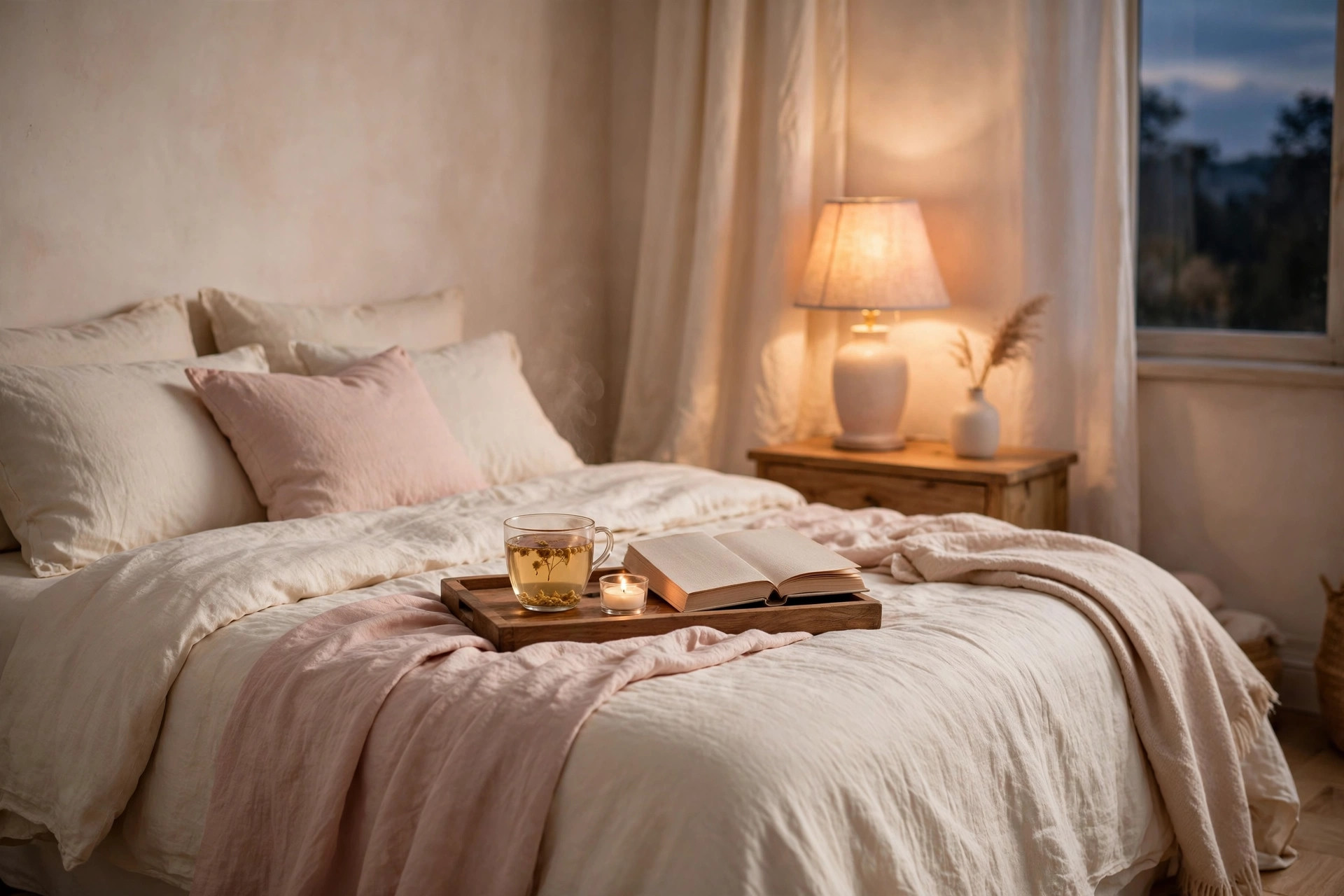 Calm cosy bedroom in the evening with glowing candle, book and herbal tea on a tray