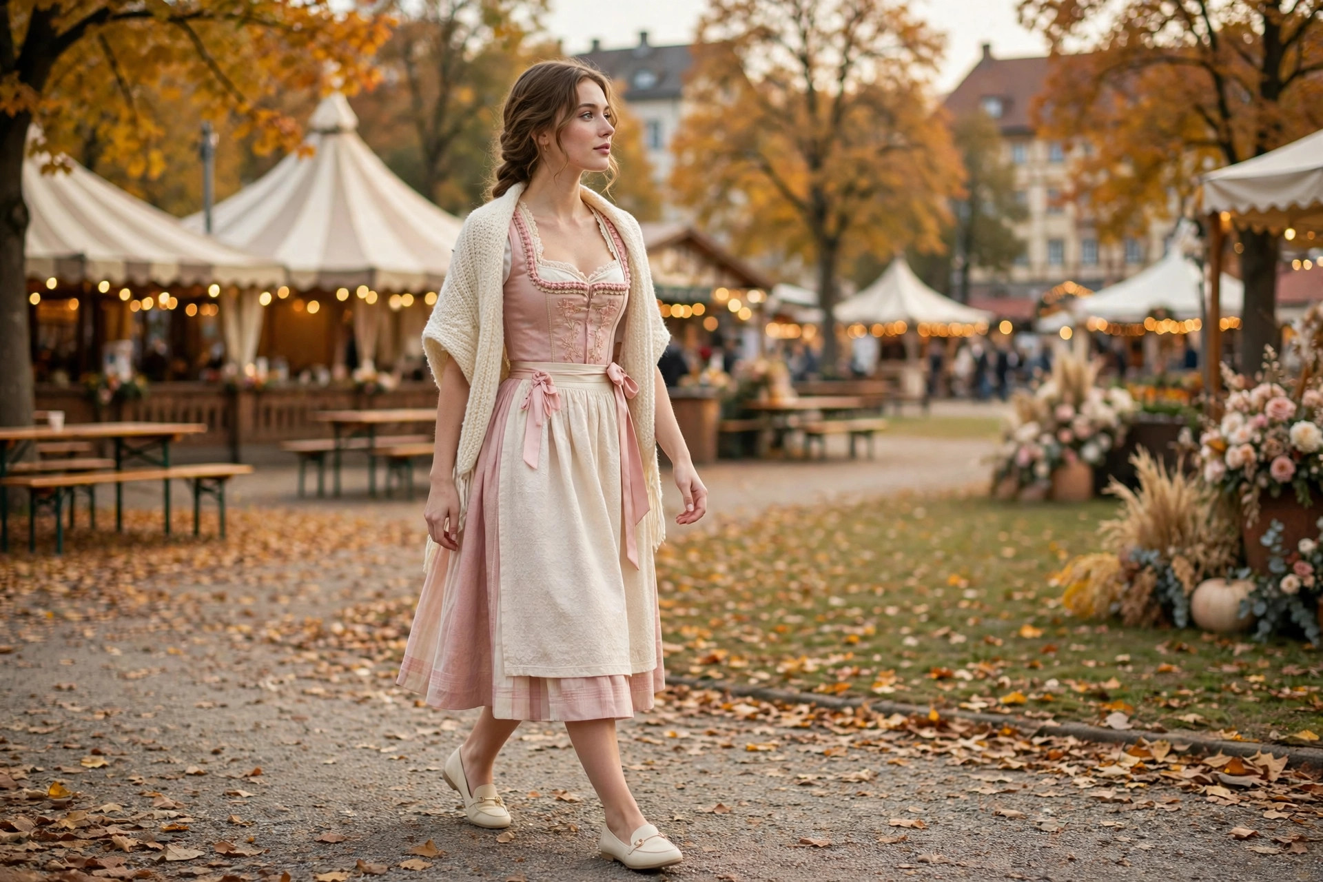 Woman wearing a cream and blush dirndl with flat shoes and shawl at Oktoberfest in Munich