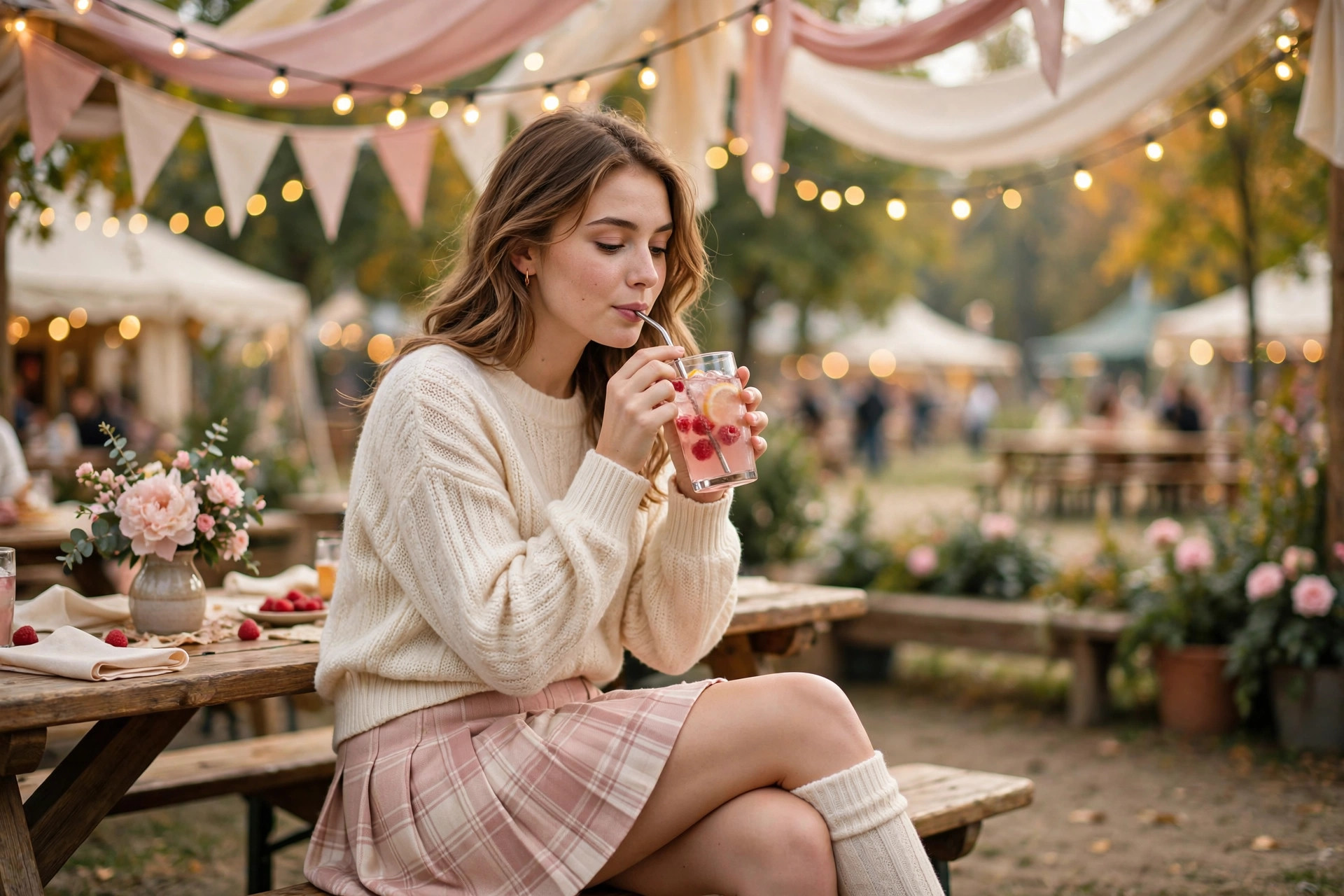Young woman in a casual autumn outfit as an alternative to a dirndl at an Oktoberfest table