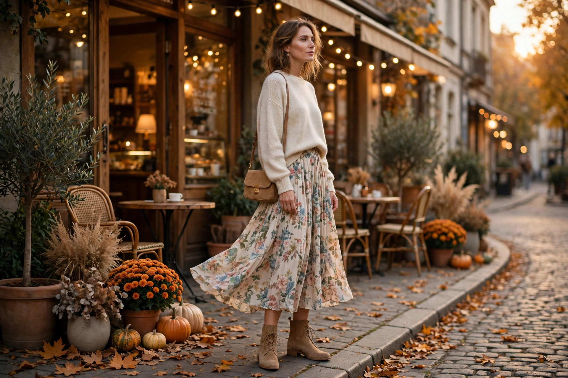 Suede ankle boots with floral midi skirt autumn outfit