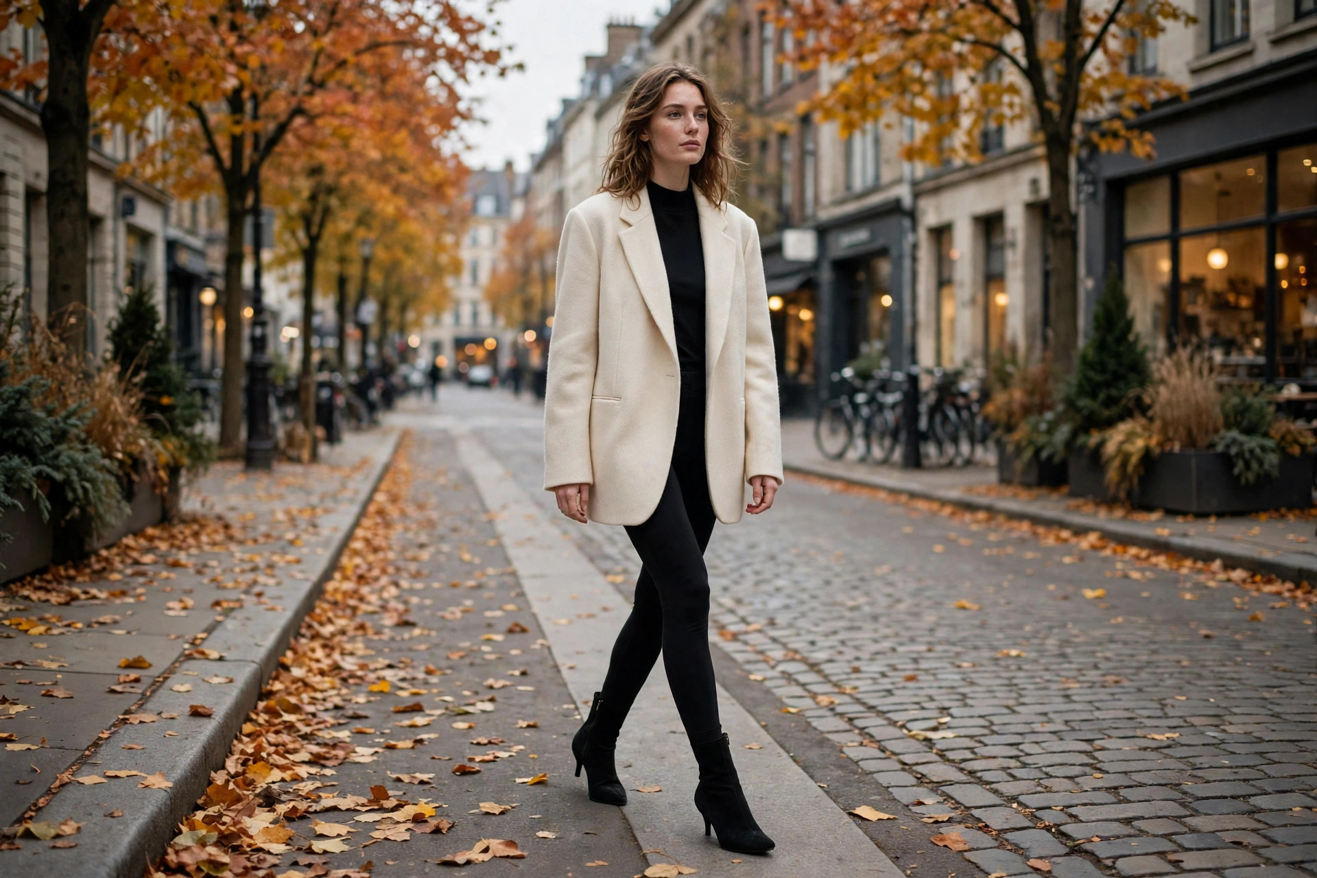 Black ankle boots with leggings and oversized blazer street style