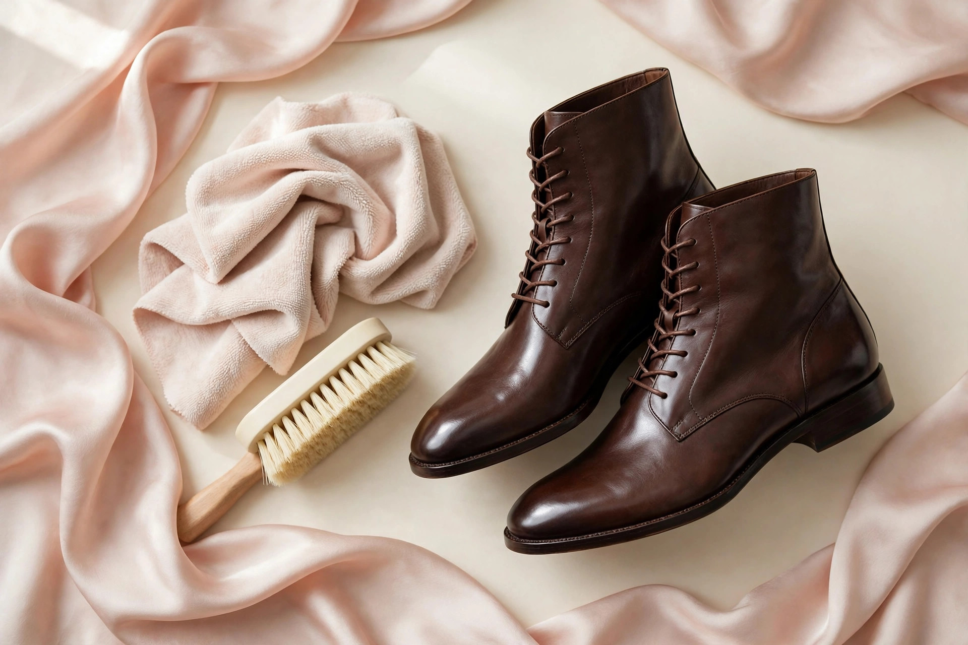 Ankle boot care kit with polish cloth on cream background