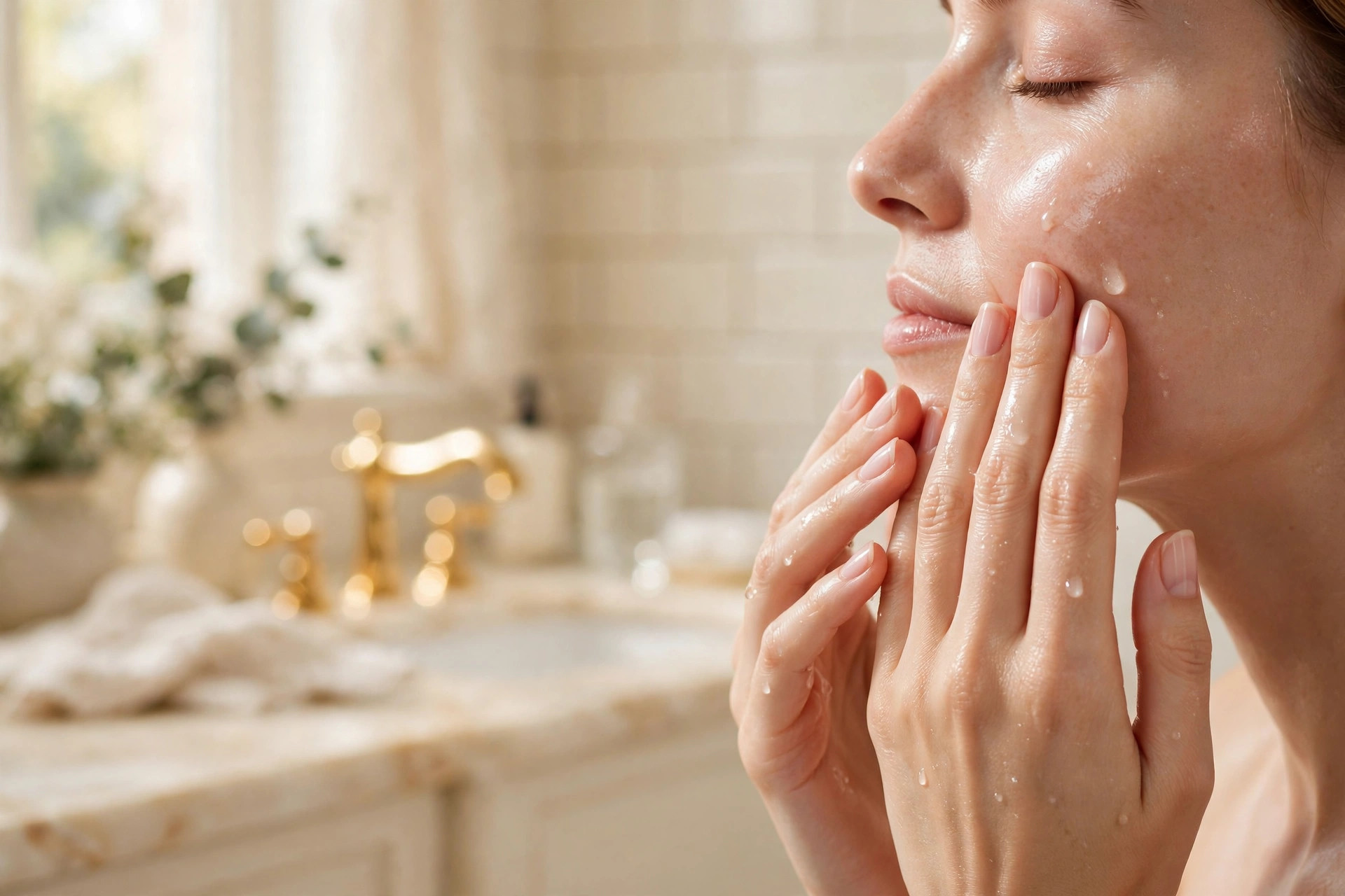 Hands layering hydrating serum and cream in winter skincare routine