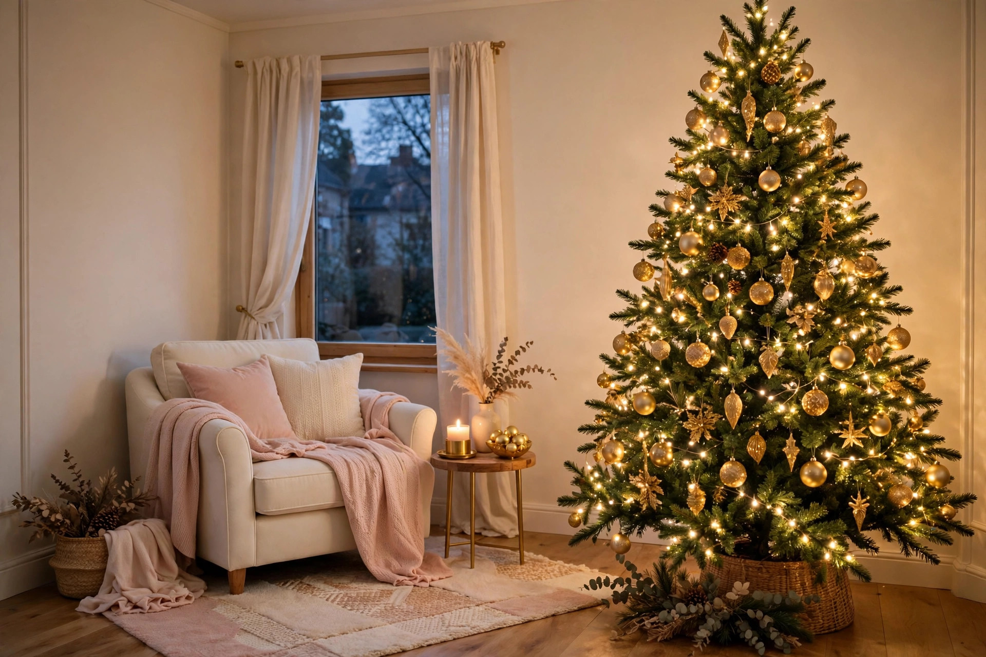 Cozy Christmas living room with decorated tree and warm fairy lights, a cozy Christmas decor idea