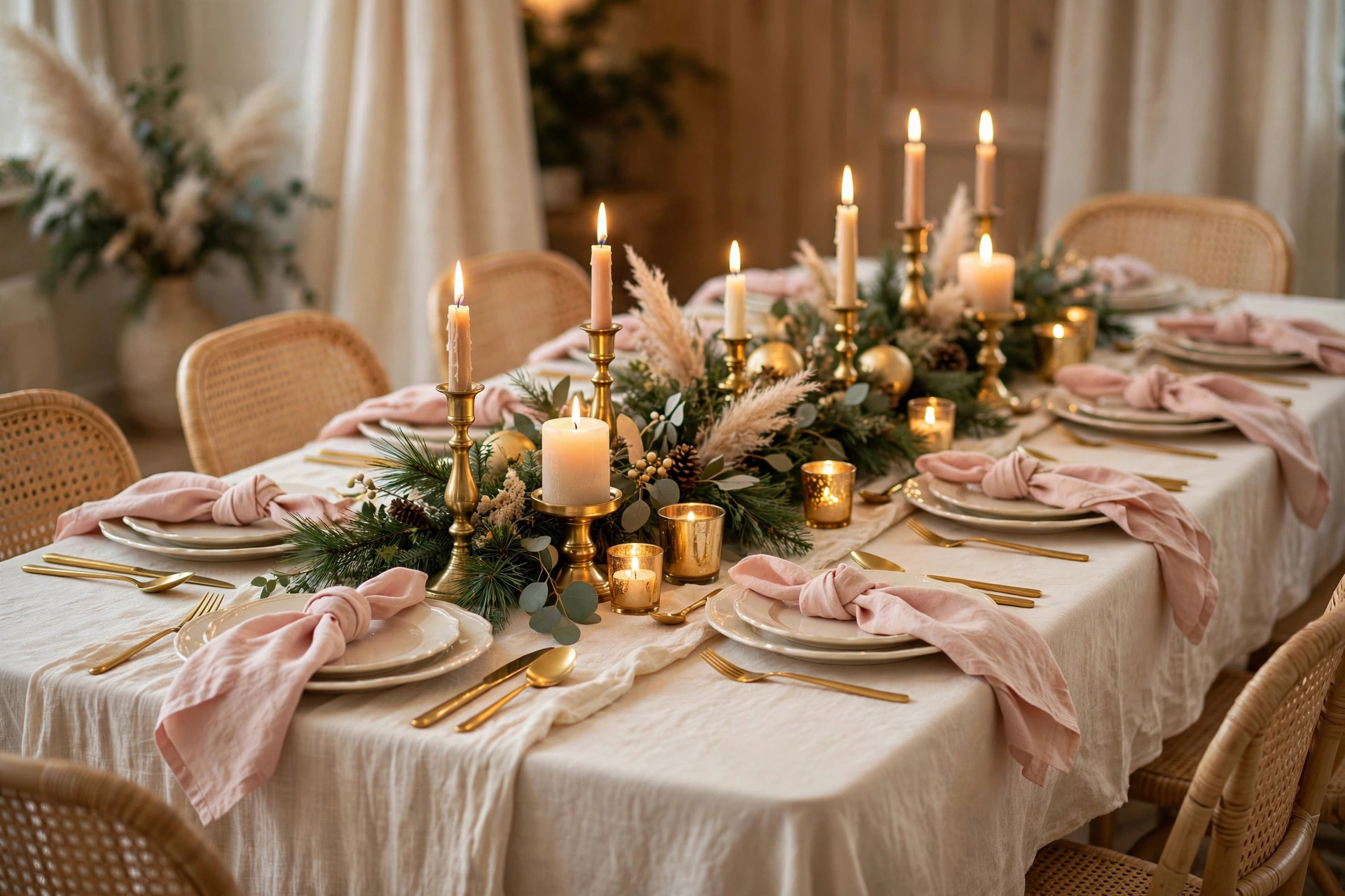 Festive Christmas table setting with lit candles in gold holders for cozy Christmas decor ideas