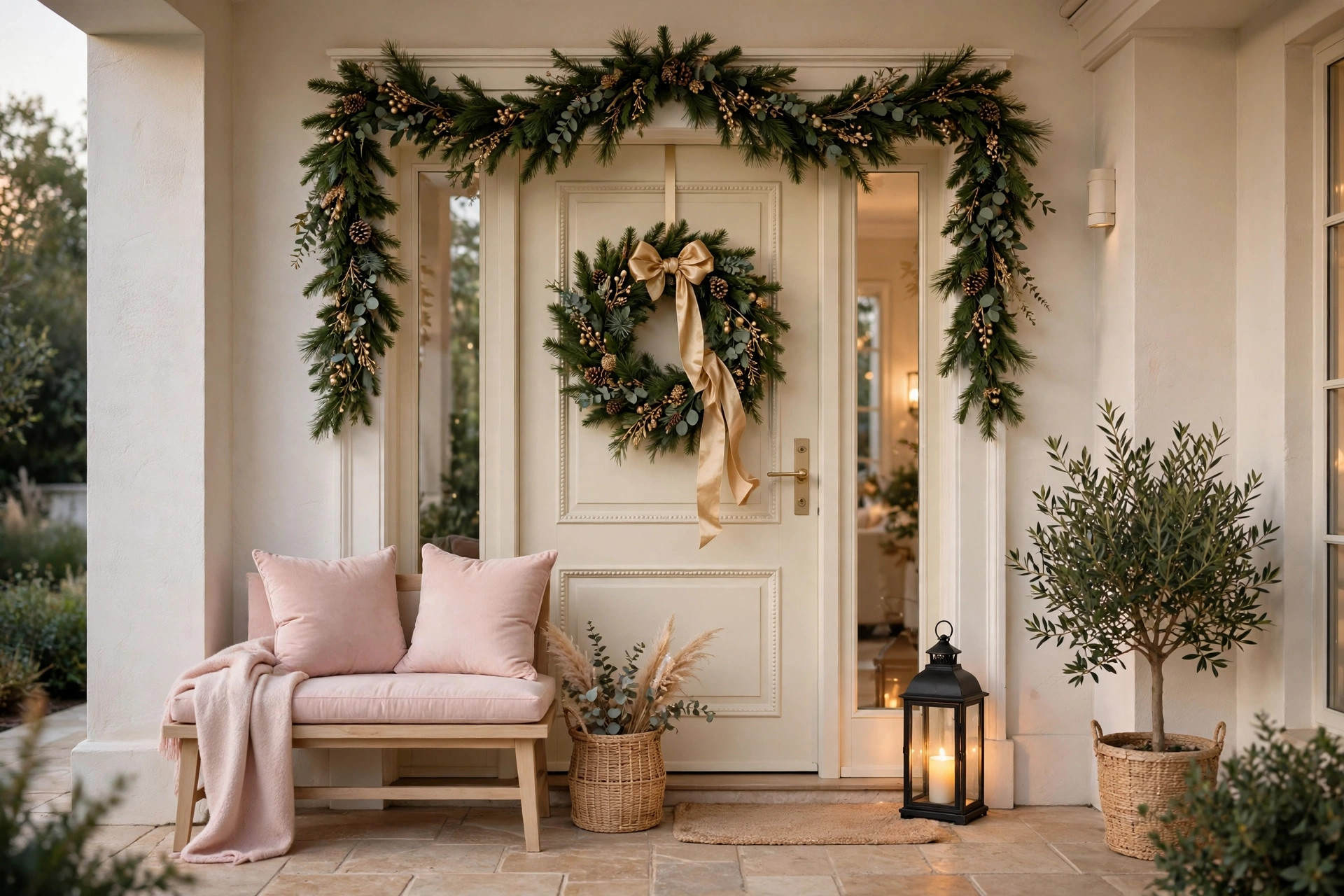 Decorated home entryway with Christmas wreath and warm lantern, cozy Christmas decor idea