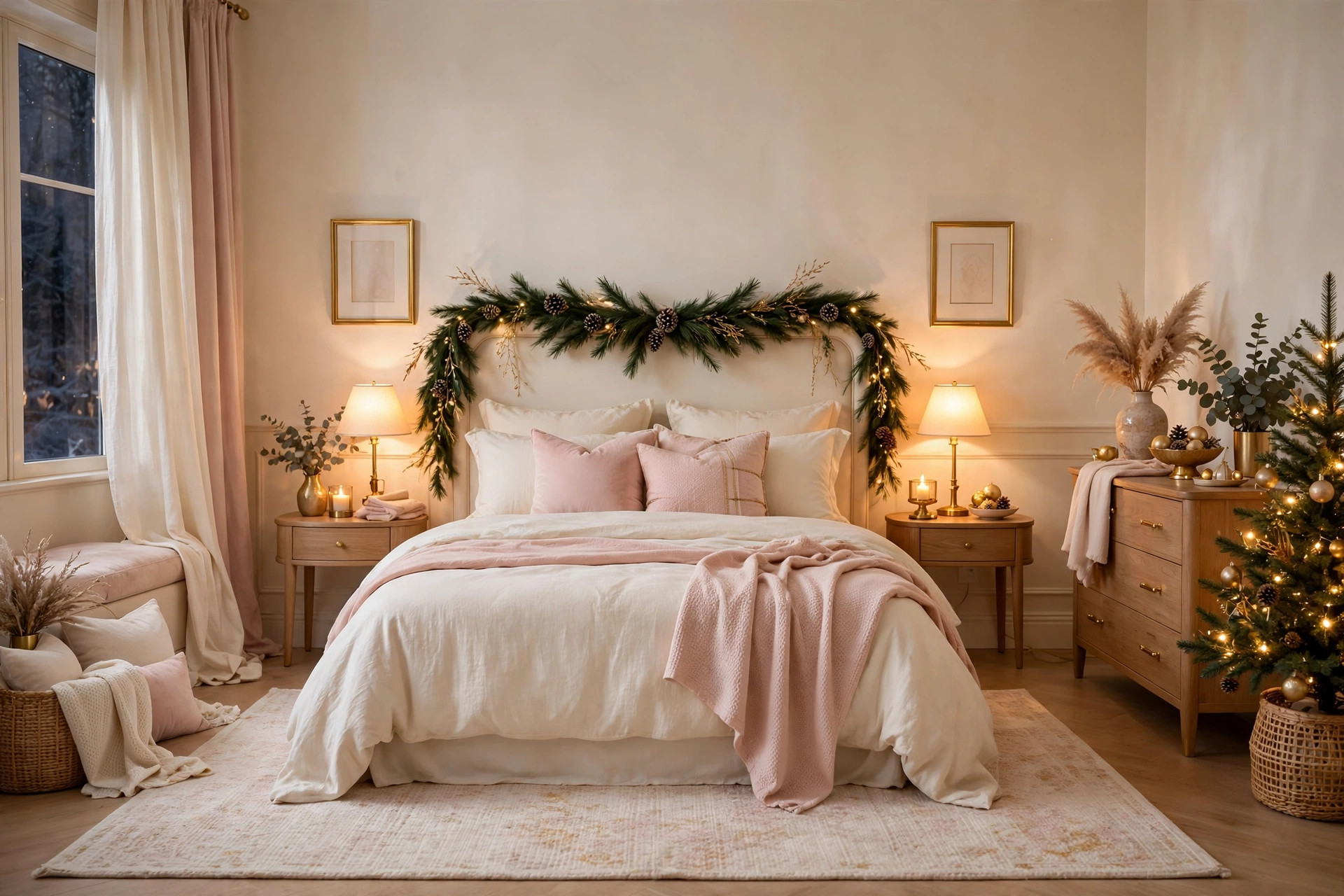 Cozy Christmas bedroom with pine garland and warm glowing lamps