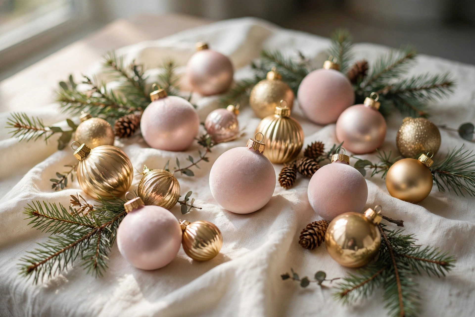 Blush pink and gold Christmas ornaments on cream fabric, cozy Christmas decor ideas