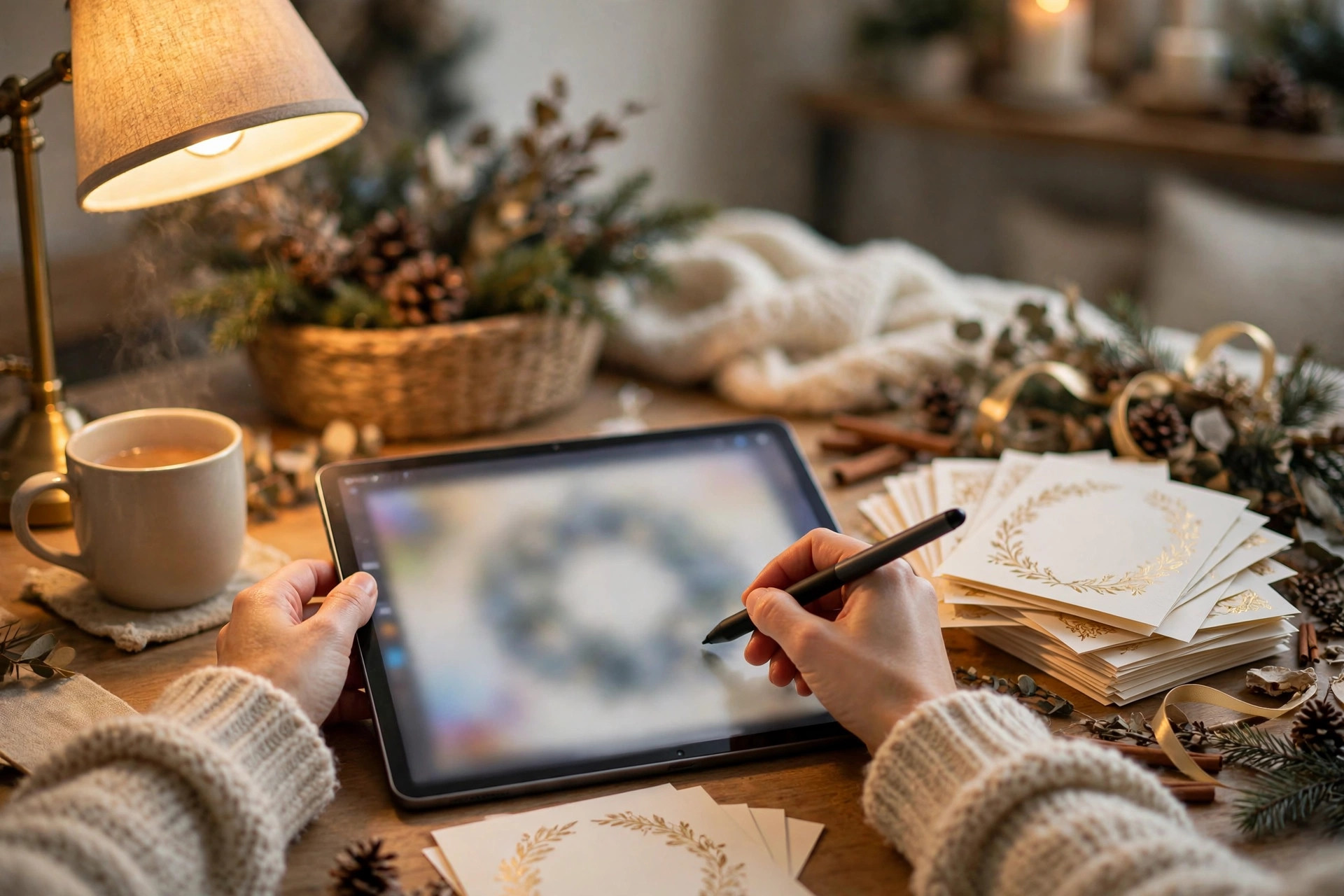 Hands sketching a Christmas wreath printable design on a tablet with a stylus