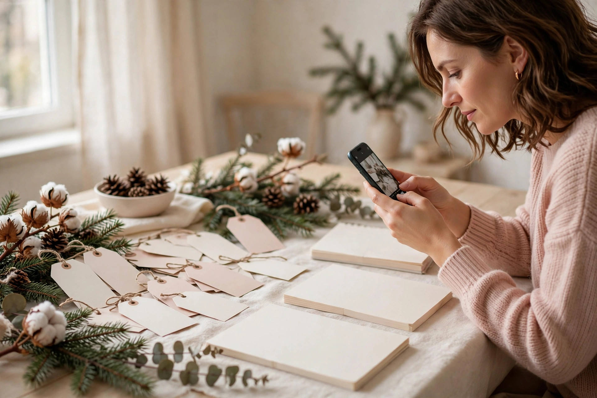 Woman photographing Christmas printable gift tags with her phone in soft window light