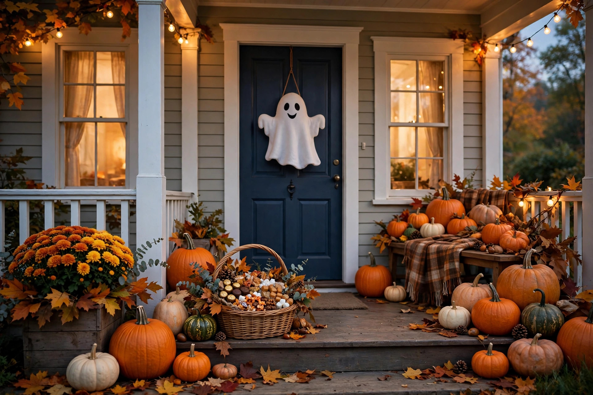 Front porch with a boo basket and ghost sign on the doorstep