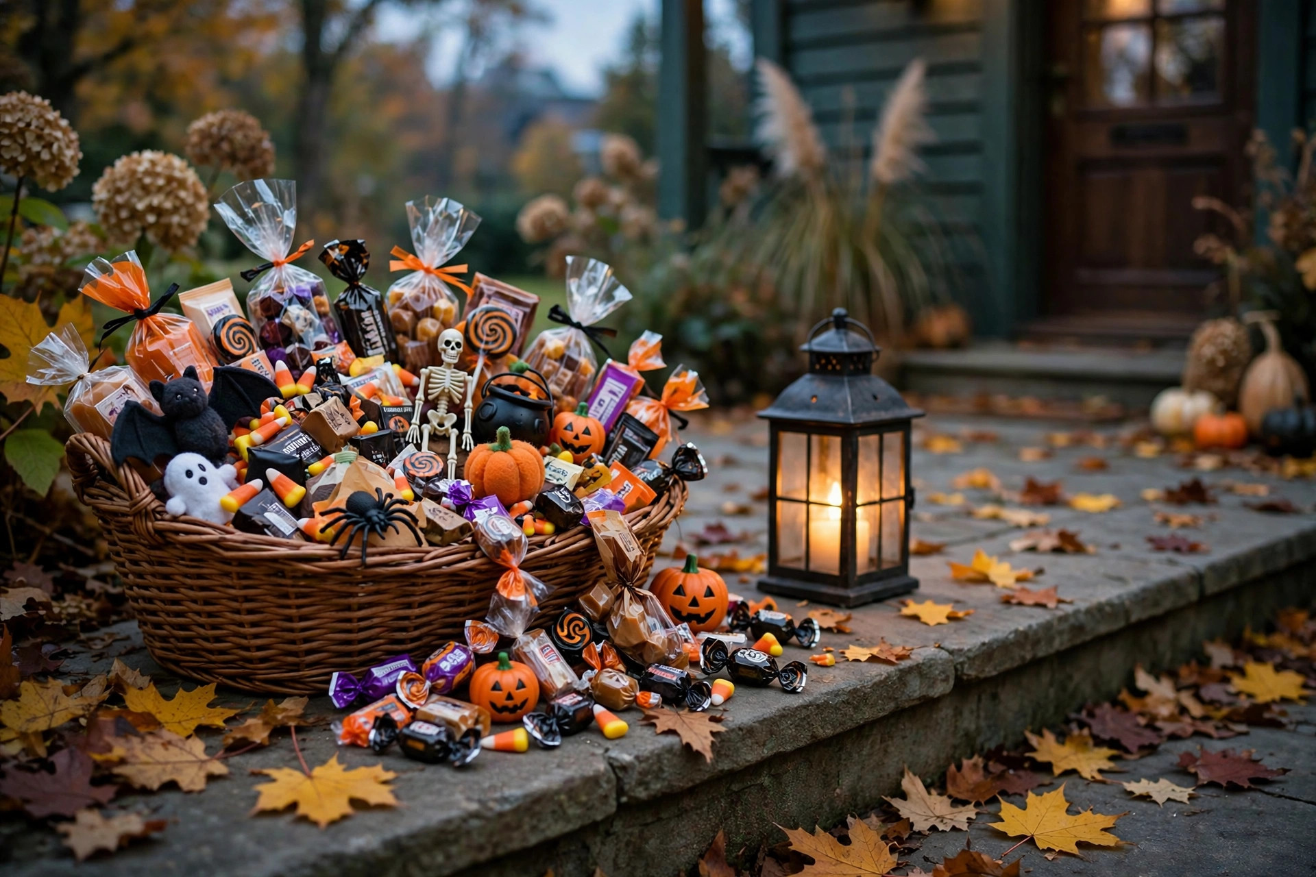 Boo basket filled with treats waiting by a front door