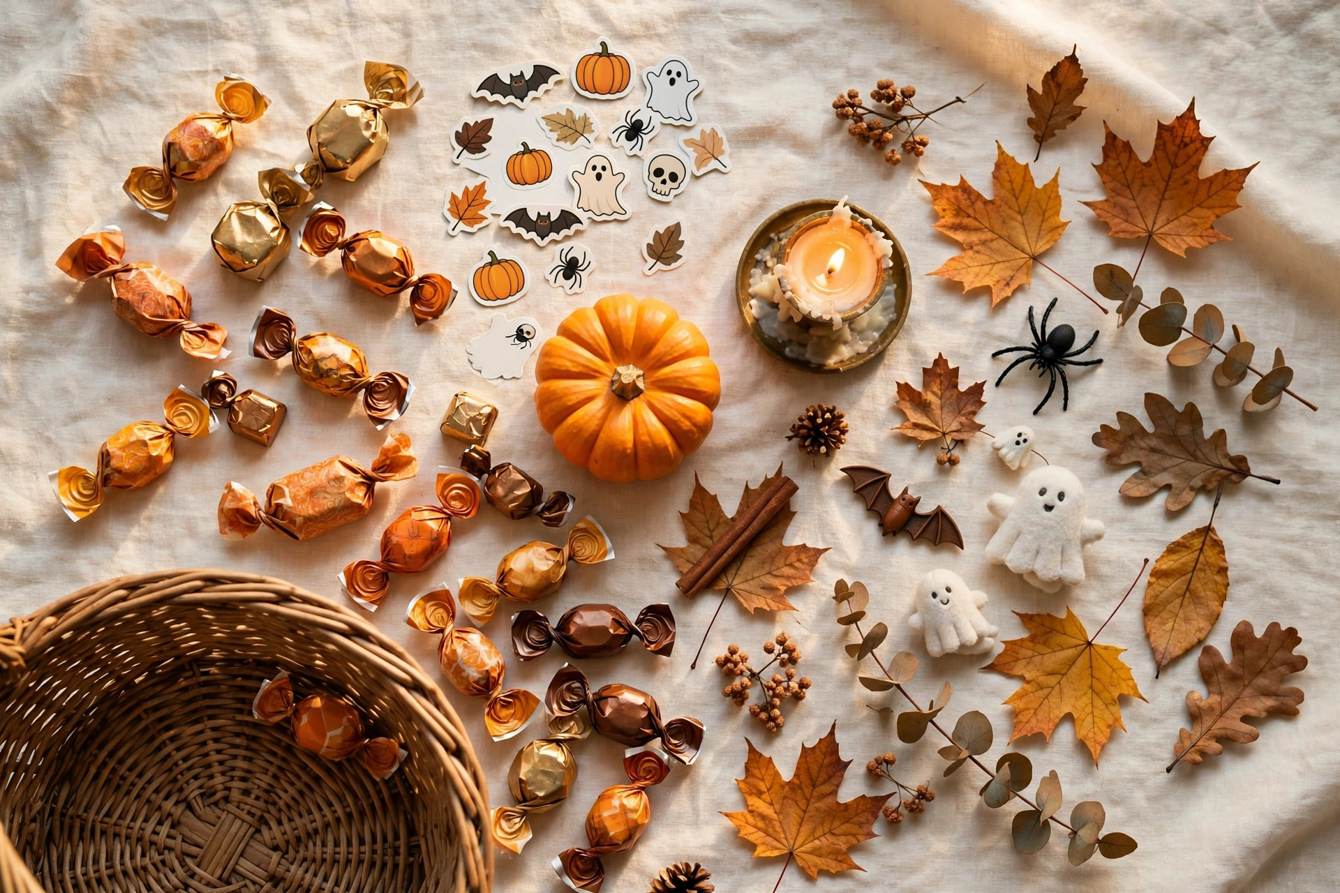 Flat lay of boo basket treats with sweets stickers and small toys