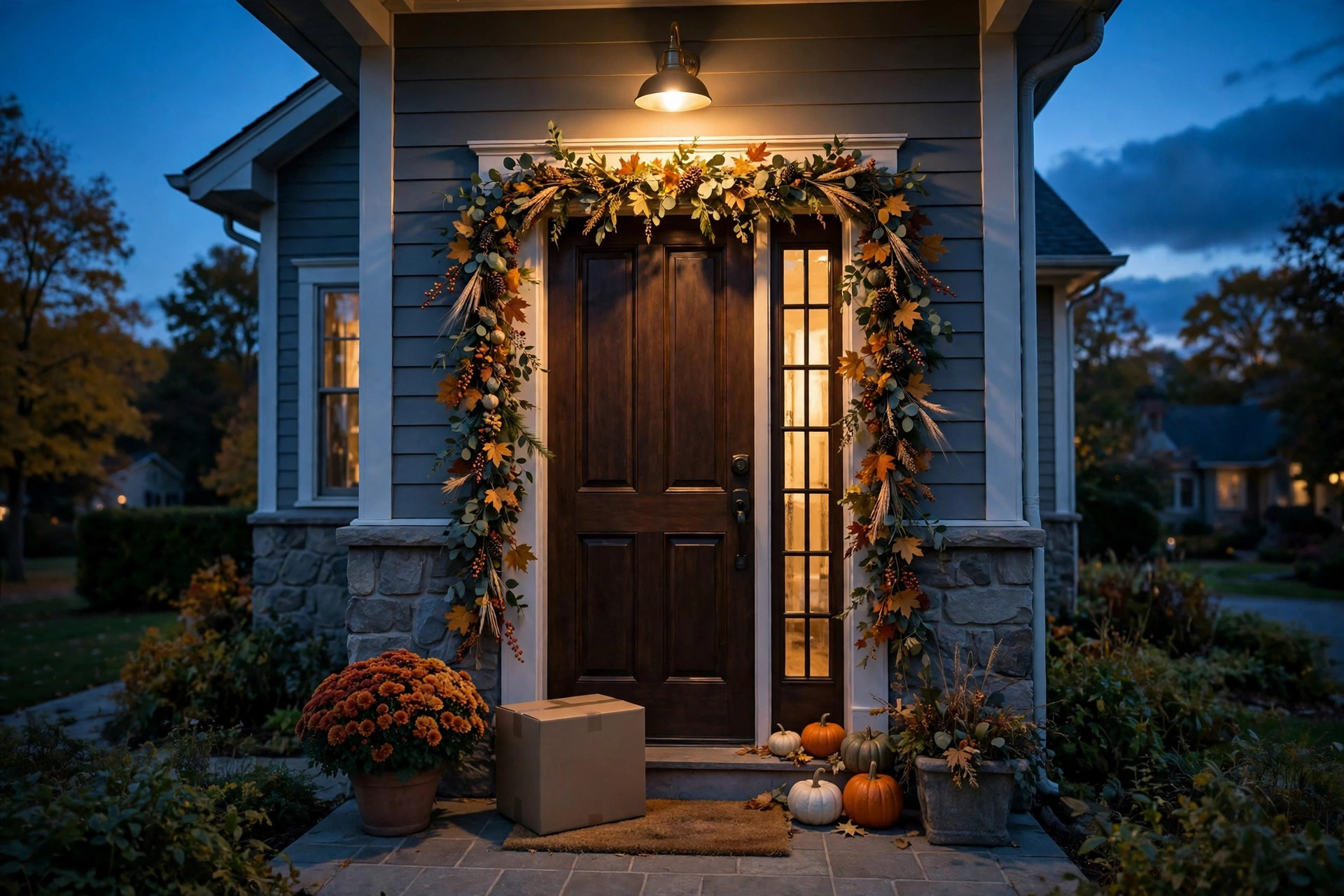 Doorstep at dusk with a glowing porch light and autumn decorations