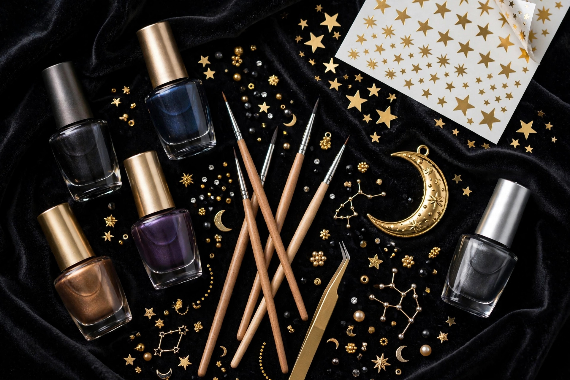Photorealistic flat lay of zodiac nail art supplies, dark and metallic nail polishes, fine detail brushes, gold star stickers and a crescent moon charm on black velvet, wide horizontal 3:2 composition, no text or words in the image.