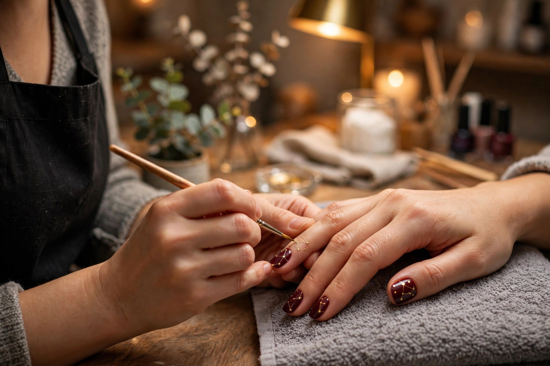 Photorealistic nail technician painting delicate gold constellation lines on a client's deep burgundy nails in a cosy salon, warm lamplight, wide horizontal 3:2 composition, no text or words in the image.
